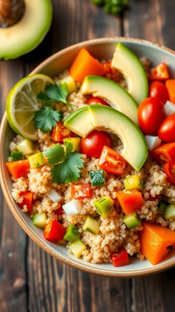 A healthy quinoa bowl with colorful vegetables and avocado, garnished with cilantro and lime.